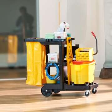 Rubbermaid Commercial Traditional Janitorial 3-Shelf Cleaning Cart, Wheeled with Zippered Yellow Vinyl Bag, for Business/School/Office/Janatorial Cleaning