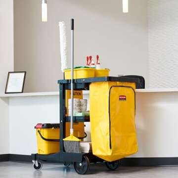 Rubbermaid Commercial Traditional Janitorial 3-Shelf Cleaning Cart, Wheeled with Zippered Yellow Vinyl Bag, for Business/School/Office/Janatorial Cleaning