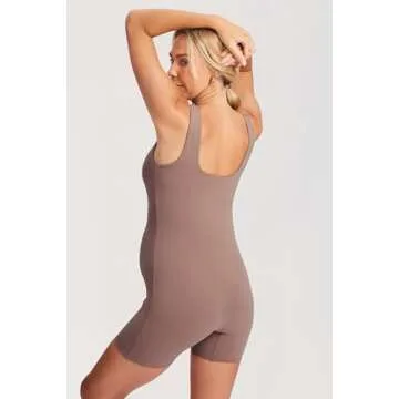 MOMANDA Women' s Maternity Bodysuit Sleeveless Shorts Jumpsuit Square Neck Tank Top for Pregnancy Brown Purple Large