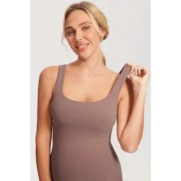 MOMANDA Women' s Maternity Bodysuit Sleeveless Shorts Jumpsuit Square Neck Tank Top for Pregnancy Brown Purple Large