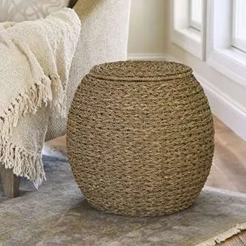Household Essentials Handwoven Seagrass Barrel Wicker Storage Basket Side Table, Natural
