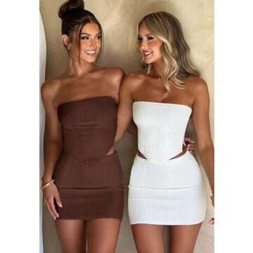 CHYRII Womens Sexy Summer Two Piece Outfits Bandeau Going Out Crop Tops Bodycon Skirt Sets Mini Dress Coffee S