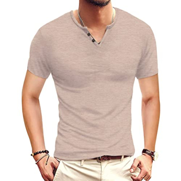 NUOKESASI Men's Casual Slim Fit Basic Henley Short Sleeve Fashion T-Shirt VG Khaki - Large
