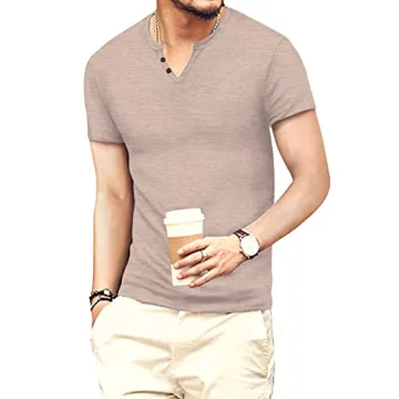 NUOKESASI Men's Casual Slim Fit Henley T-Shirt in Khaki