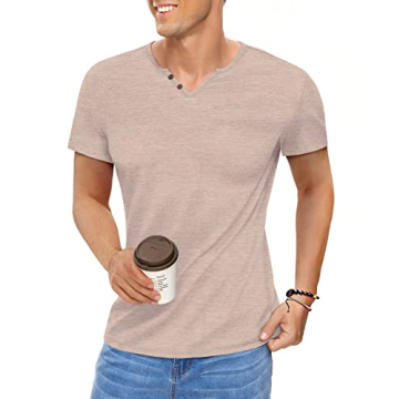 NUOKESASI Men's Casual Slim Fit Henley T-Shirt in Khaki