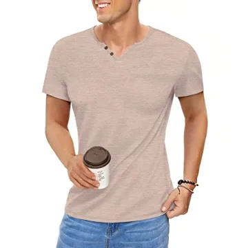 NUOKESASI Men's Casual Slim Fit Henley T-Shirt in Khaki