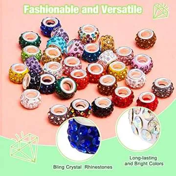 Junkin 120 Large Hole Rhinestone European Beads for DIY