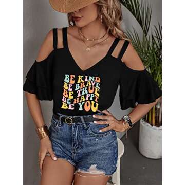 Women's Be Kind Sexy V Neck Cold Shoulder Tops Flounce Short Sleeve Tees Summer Casual T-Shirt