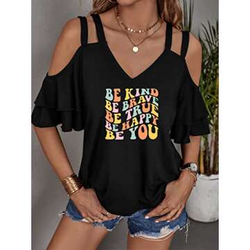 Women's Be Kind Sexy V Neck Cold Shoulder Tops Flounce Short Sleeve Tees Summer Casual T-Shirt