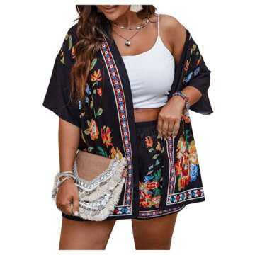 SOLY HUX Women's Plus Size Floral Boho Short Sleeve Kimono Open Front Outwear and Shorts 2 Piece Summer Outfit Black Floral 2XL