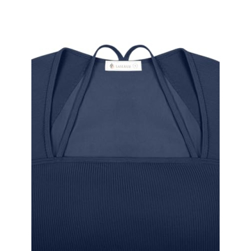LASLULU Womens Long Sleeve Tops Halter Neck Tight Athletic Workout Gym Shirts Seamless Ribbed Tops Compression Shirts for Teens(Navy Blue Medium)