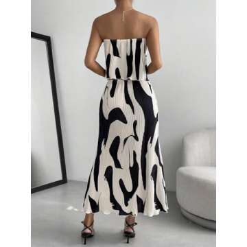 OYOANGLE Women's 2 Piece Outfits Graphic Print Lettuce Trim Sleeveless Strapless Tube Top and Skirt Sets Black White Small
