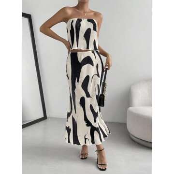 OYOANGLE Women's 2 Piece Outfits Graphic Print Lettuce Trim Sleeveless Strapless Tube Top and Skirt Sets Black White Small