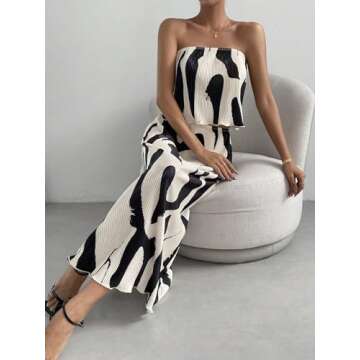 OYOANGLE Women's 2 Piece Outfits Graphic Print Lettuce Trim Sleeveless Strapless Tube Top and Skirt Sets Black White Small