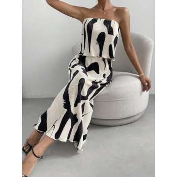 OYOANGLE Women's 2 Piece Outfits Graphic Print Lettuce Trim Sleeveless Strapless Tube Top and Skirt Sets Black White Small