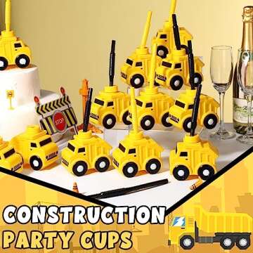 Tanlade Construction Truck Drinking Cups, 24 Set - Plastic, 10 oz, Yellow, for Kids Birthday Party Decorations and Favors - Includes Straws
