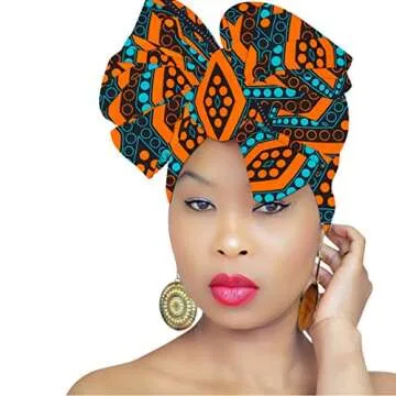 African Head Wrap for Women Large 72" x 22" |Kente Headwraps for Women Hijab | Royal Head Wraps (Orange-Blue-Dots)