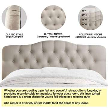Rosevera Givanna Adjustable Heigh Headboard with Linen Upholstery and Button Tufting for Bedroom,Queen,Natural Linen