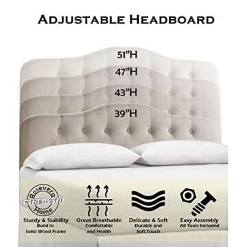 Rosevera Givanna Adjustable Heigh Headboard with Linen Upholstery and Button Tufting for Bedroom,Queen,Natural Linen