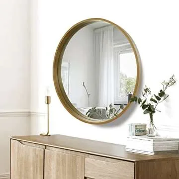 WallBeyond Round Mirror with Wood Frame, 28" Circle Modern Decoration Large Home Decor Mirror for Bathroom Living Room Bedroom Entryway (28" Diameter, Natural Wood)