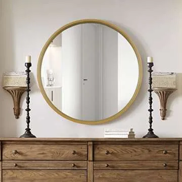 WallBeyond Round Mirror with Wood Frame, 28" Circle Modern Decoration Large Home Decor Mirror for Bathroom Living Room Bedroom Entryway (28" Diameter, Natural Wood)