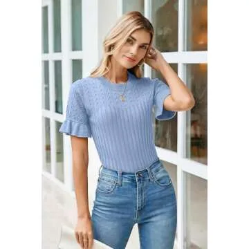 Arach&Cloz Womens Short Sleeve Sweater Tops 2025 Spring Summer Crew Neck Ribbed Knit Ruffle Sleeve Dressy Casual Shirts Fashion Trendy Blouses Bell Cute Light Blue L