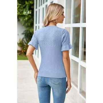 Arach&Cloz Womens Short Sleeve Sweater Tops 2025 Spring Summer Crew Neck Ribbed Knit Ruffle Sleeve Dressy Casual Shirts Fashion Trendy Blouses Bell Cute Light Blue L