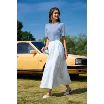 Arach&Cloz Womens Short Sleeve Sweater Tops 2025 Spring Summer Crew Neck Ribbed Knit Ruffle Sleeve Dressy Casual Shirts Fashion Trendy Blouses Bell Cute Light Blue L