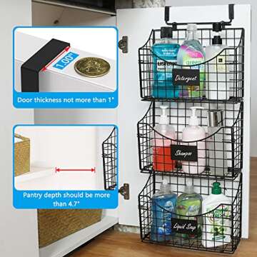 Jautokerdar Over the Cabinet Door Organizer 3 Pack, Wall Mounted Storage Basket with Name Plate for Kitchen, Bathroom