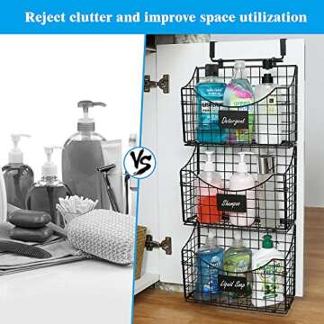 Jautokerdar Over the Cabinet Door Organizer 3 Pack, Wall Mounted Storage Basket with Name Plate for Kitchen, Bathroom