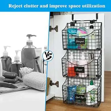 Jautokerdar Over the Cabinet Door Organizer 3 Pack, Wall Mounted Storage Basket with Name Plate for Kitchen, Bathroom