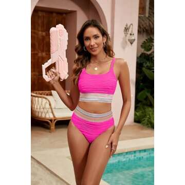 Blooming Jelly Women's High Waisted Bikini Sets Two Piece Swimsuit Tummy Control High Cut Bathing Suits (Hot Pink, Small)