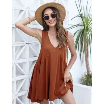 Athlisan Womens Summer Sleeveless Mini Dress Casual Loose V Neck Sundress with Pockets(Rust-L)
