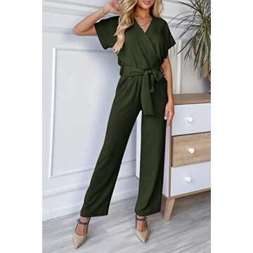 PRETTYGARDEN Women's One Piece Jumpsuits Dressy Casual Summer Short Sleeve Wrap V Neck Belted Wide L...