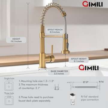 GIMILI Gold Kitchen Faucet with Sprayer,Modern Single Handle High-Arc Pull Out Kitchen Sink Faucet w...