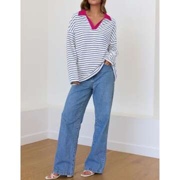 Mxiqqpltky Long Sleeve Striped Shirt Women Polo V-neck Oversized Loose Preppy Sweatshirt Y2k Striped...