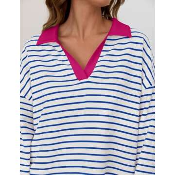 Mxiqqpltky Long Sleeve Striped Polo V-neck Sweatshirt