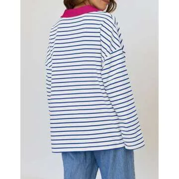Mxiqqpltky Long Sleeve Striped Polo V-neck Sweatshirt