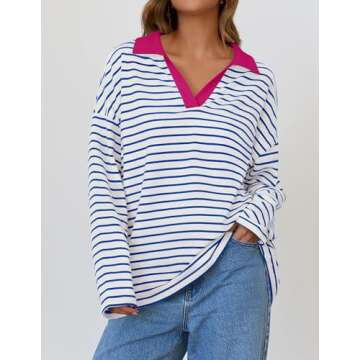 Mxiqqpltky Long Sleeve Striped Polo V-neck Sweatshirt