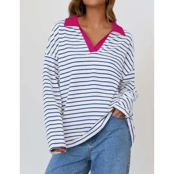 Mxiqqpltky Long Sleeve Striped Polo V-neck Sweatshirt
