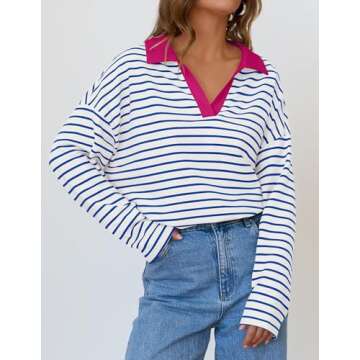 Mxiqqpltky Long Sleeve Striped Polo V-neck Sweatshirt