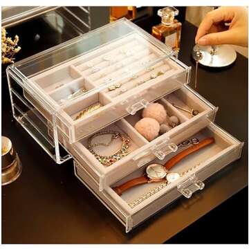 Clear Acrylic Jewelry Organizer with 3 Drawers, Acrylic Jewelry Box Organizer Can Be Stacked,Acrylic Earring Organizer for Storing Earrings Rings Necklaces,Clear Acrylic Jewelry Box for Women