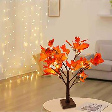 Whonline Fall Tree Thanksgiving Lighted Artificial Maple Tree 20in 24 LED Table Centerpiece Lights Battery Powered for Christmas Autumn Wedding Party Indoor Outdoor Harvest Home Decoration