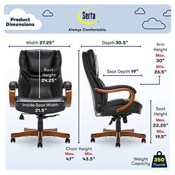 Serta Big and Tall Executive Office Chair with Wood Accents, Adjustable High Back Ergonomic Computer Chair with Lumbar Support, Bonded Leather, Black
