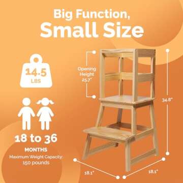 SDADI Kids Kitchen Step Stool with Safety Rail, 150lb Capacity, for 18-36 Months Old, Natural