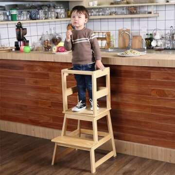 SDADI Kids Kitchen Step Stool with Safety Rail, 150lb Capacity, for 18-36 Months Old, Natural