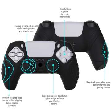 eXtremeRate PlayVital Guardian Edition Black Ergonomic Soft Anti-Slip Controller Silicone Case Cover for ps5, Rubber Protector Skins with Black Joystick Caps for ps5 Controller