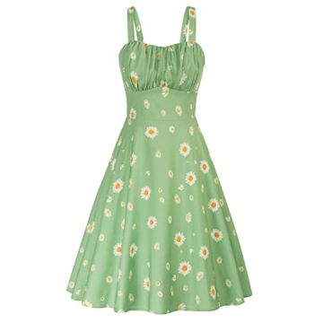 Women's Vintage Summer Floral Sage Green Dress Sleeveless Ruched A Line Flare Dresses Beach Sundress...