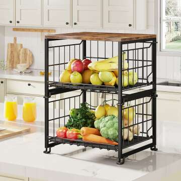 1Easylife 2-Tier Wire Basket with Bamboo Top for Kitchen Storage