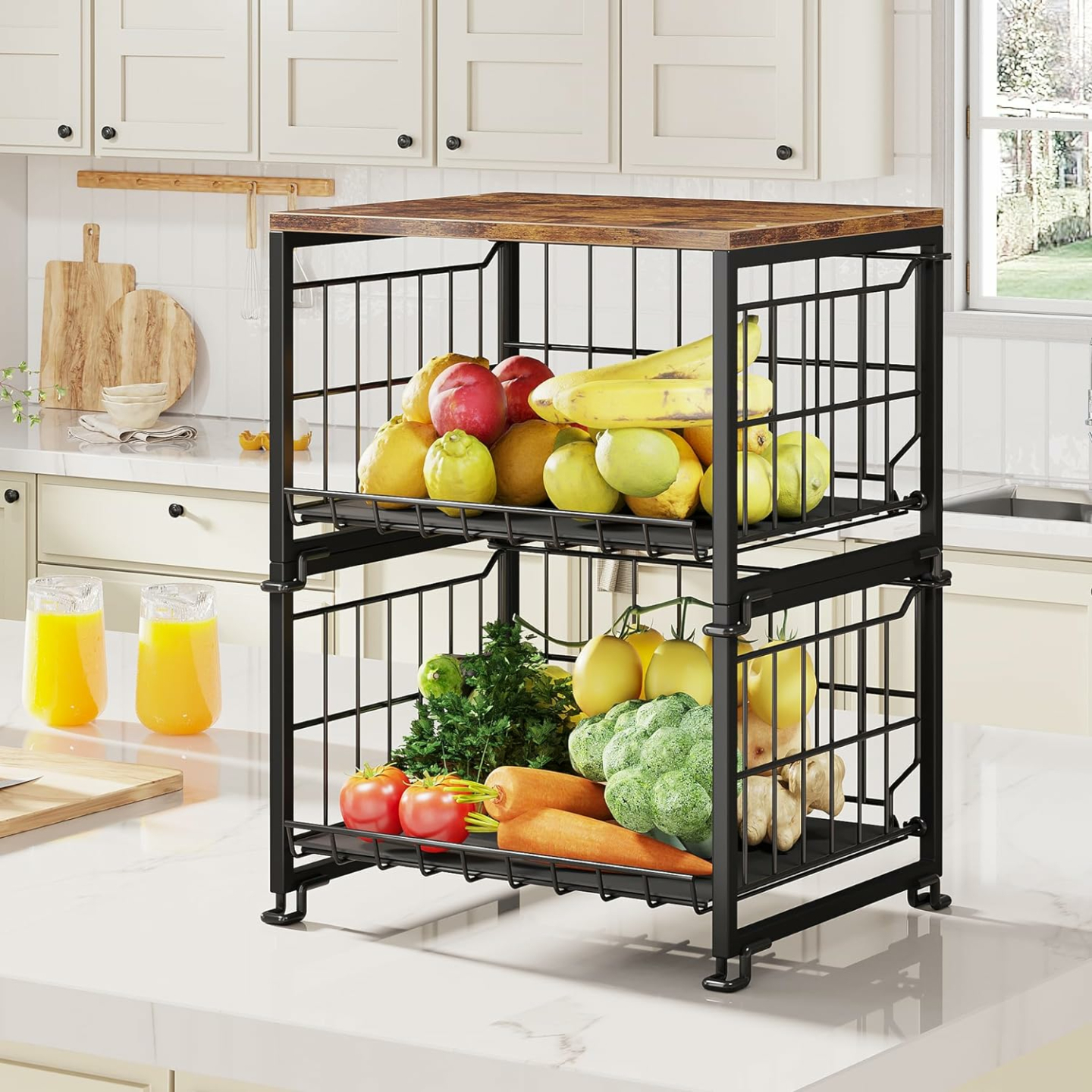 2-Tier Wire Basket with Bamboo Top for Kitchen